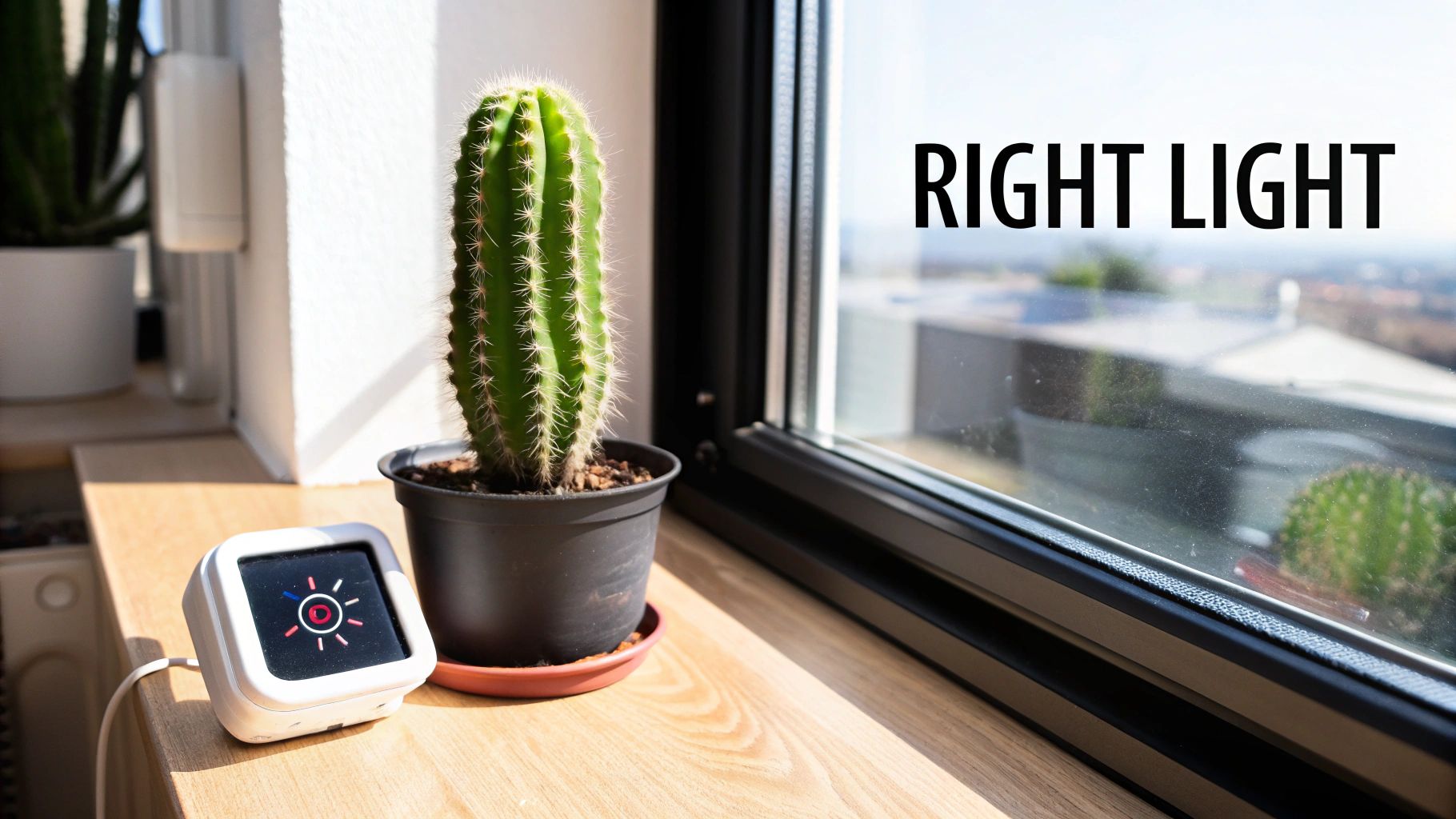 A potted cactus on a bright windowsill next to a light sensor device, with 'RIGHT LIGHT' text.