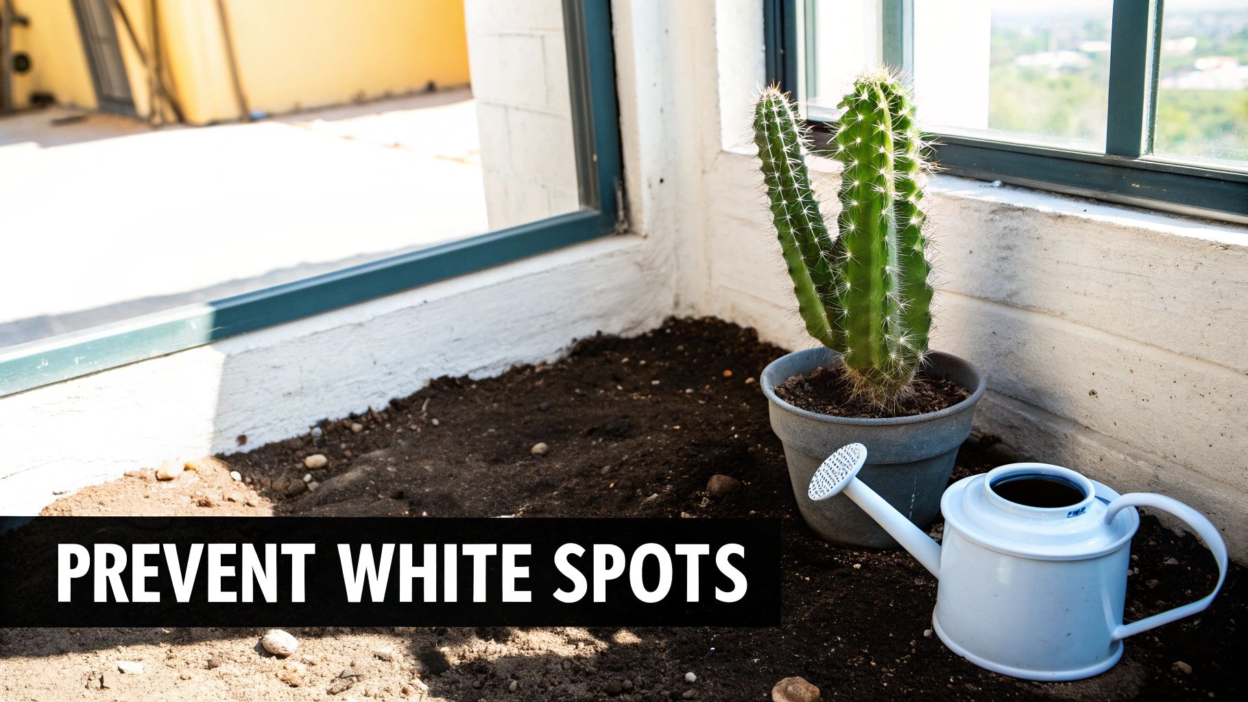 A potted cactus sits next to a window with dark soil and a white watering can.
