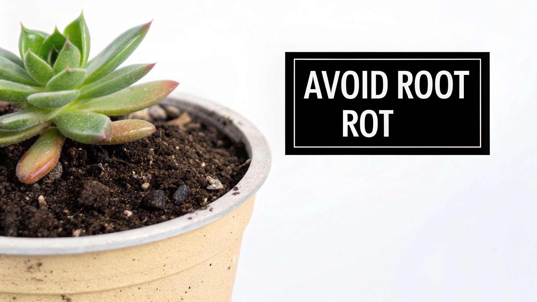 Succulent plant in pot with soil and avoid root rot warning sign