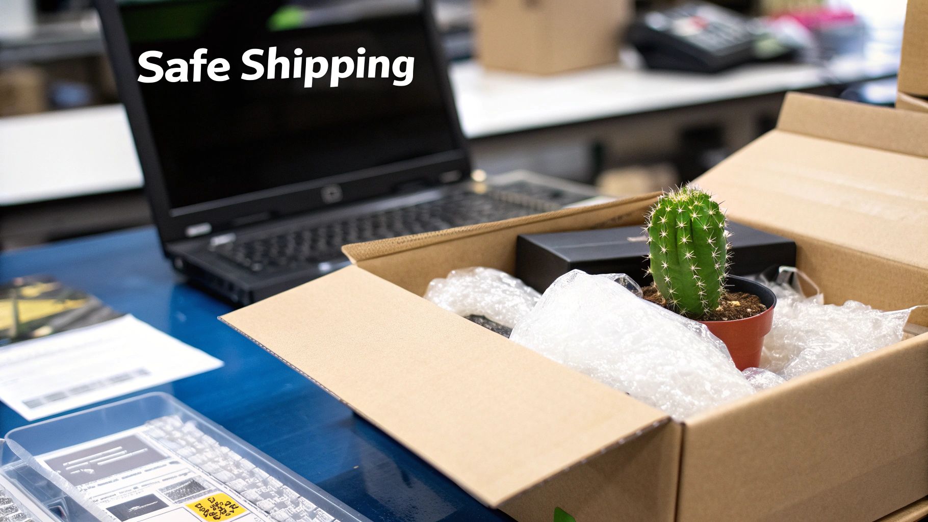 Close-up of a cactus being carefully packaged in a cardboard box with protective filler.