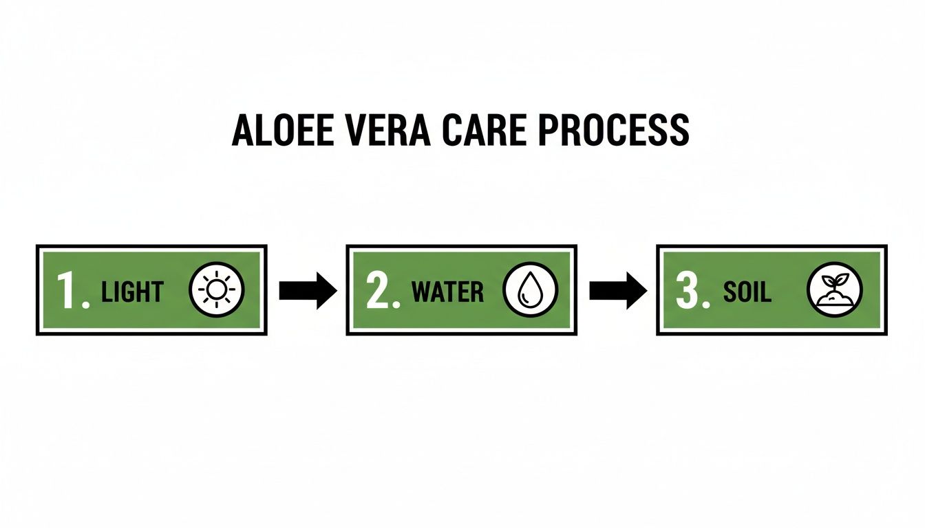 Diagram illustrating the Aloe Vera care process with steps for light, water, and soil.