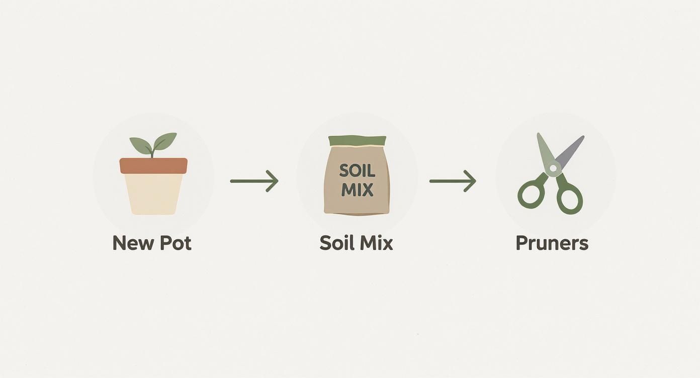 Gardening supplies flowchart showing new pot, soil mix bag, and pruning shears for repotting plants