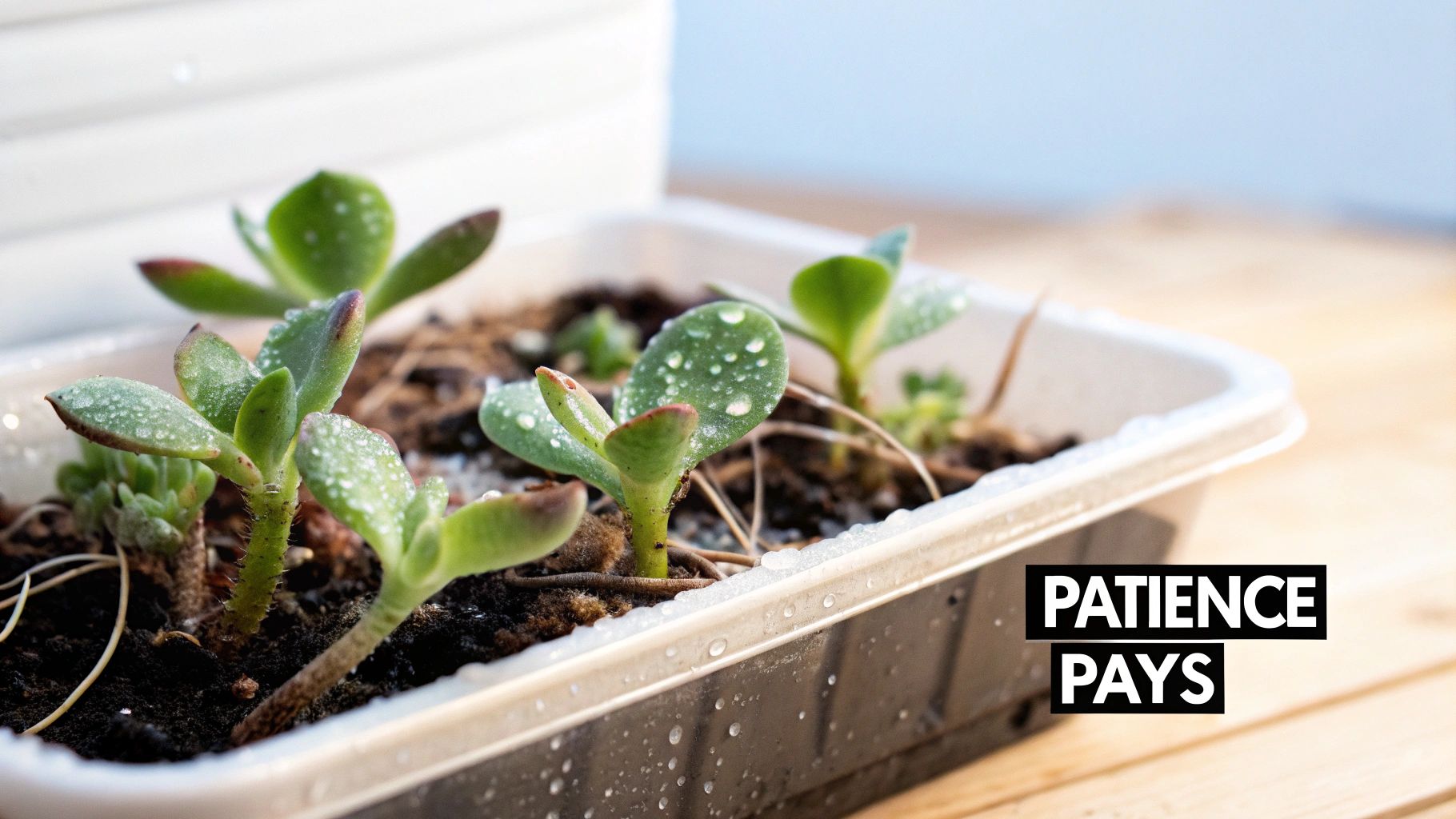 Close-up of green succulent sprouts with water droplets in a rectangular white pot on wood.