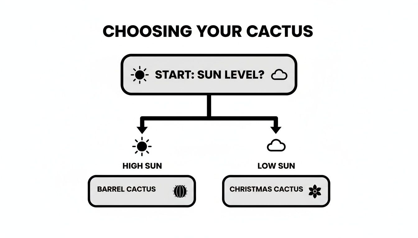 A simple flowchart guiding the choice of cactus based on sun level, showing barrel and Christmas cacti.