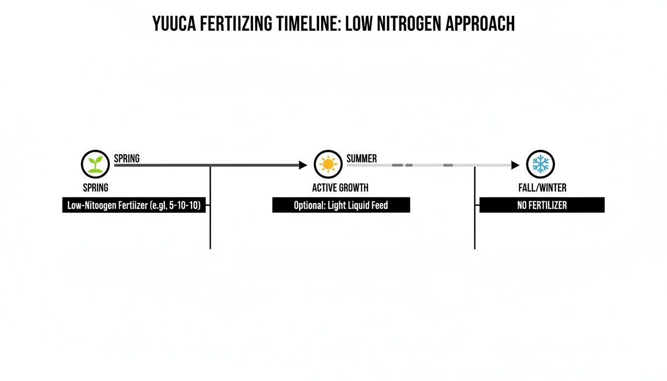 A Yucca fertilizing timeline illustrating a low-nitrogen approach across spring, summer, and fall/winter seasons.