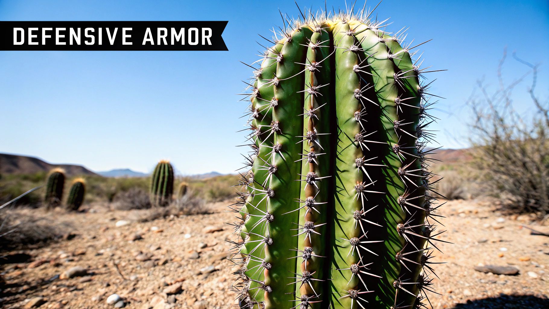 A close-up of a tall, green cactus with sharp, white spines in a desert landscape under a clear blue sky, illustrating defensive armor.