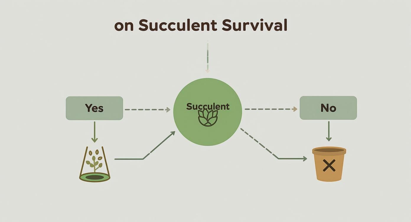 A flowchart titled 'on Succulent Survival' showing paths for 'Yes' (healthy plant) and 'No' (dead plant).