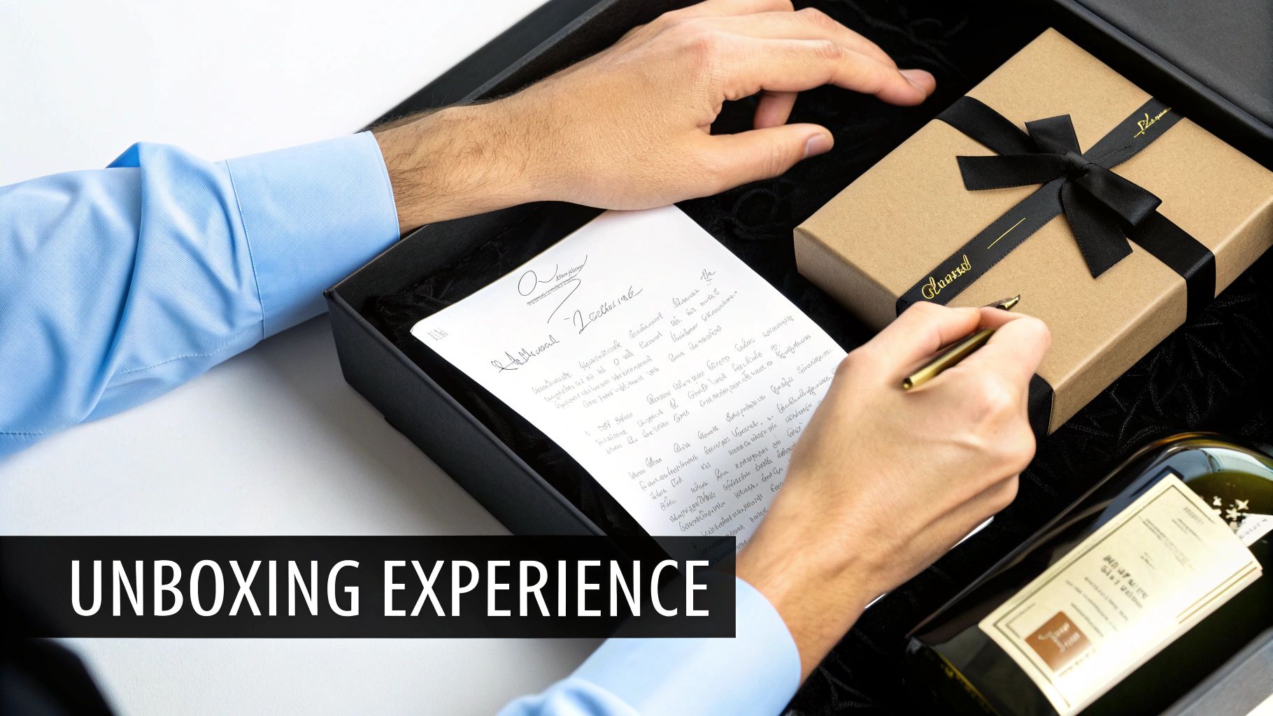 Man in blue shirt unboxes a luxury gift box with a letter, a present, and a bottle, holding a golden pen.