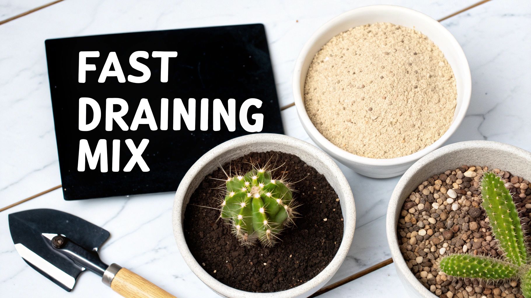 A close-up of an Old Man Cactus being repotted into a terracotta pot with gritty soil mix.
