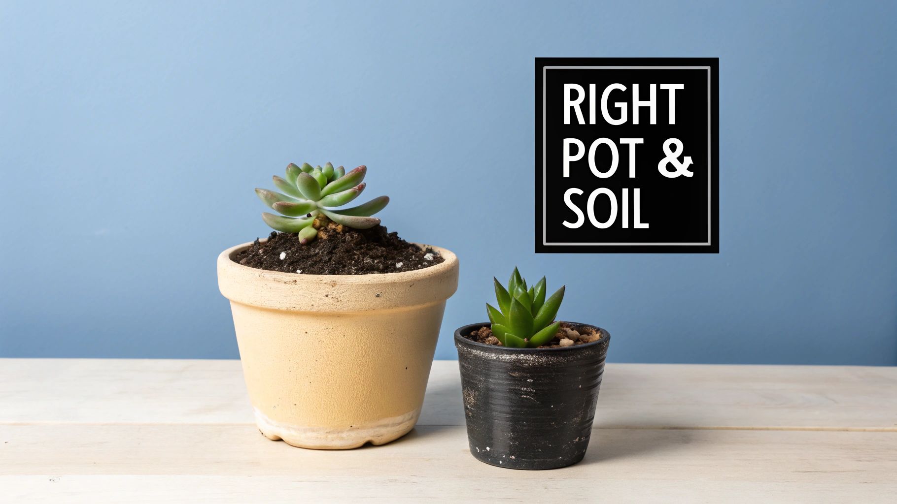 An overwatered succulent with yellow, mushy leaves next to an underwatered one with wrinkled leaves.