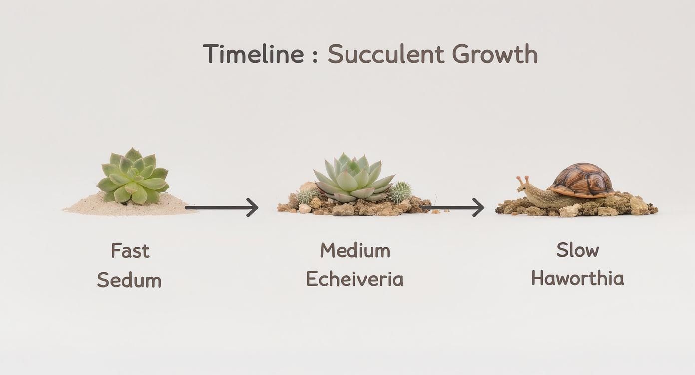 Timeline illustrating succulent growth rates: fast Sedum, medium Echeveria, and slow Haworthia, represented by a snail.