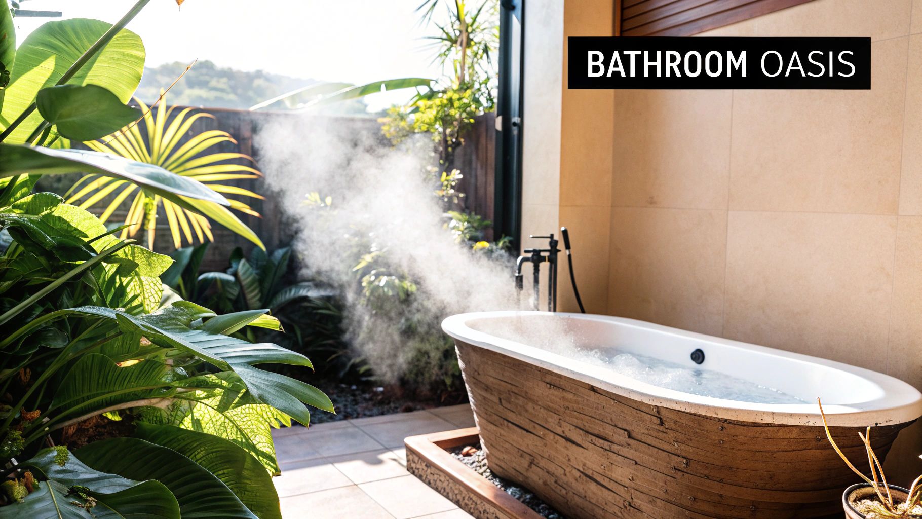 A lush bathroom filled with various green plants, creating a spa-like atmosphere.