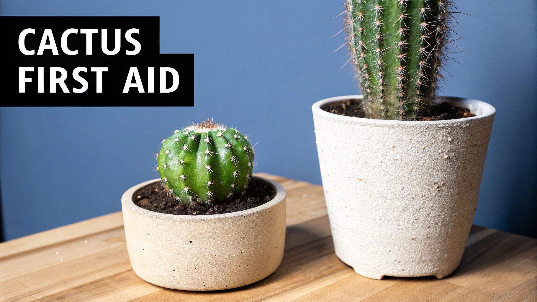 Two potted cacti on a wooden table, with 'Cactus First Aid' text overlay against a blue background.