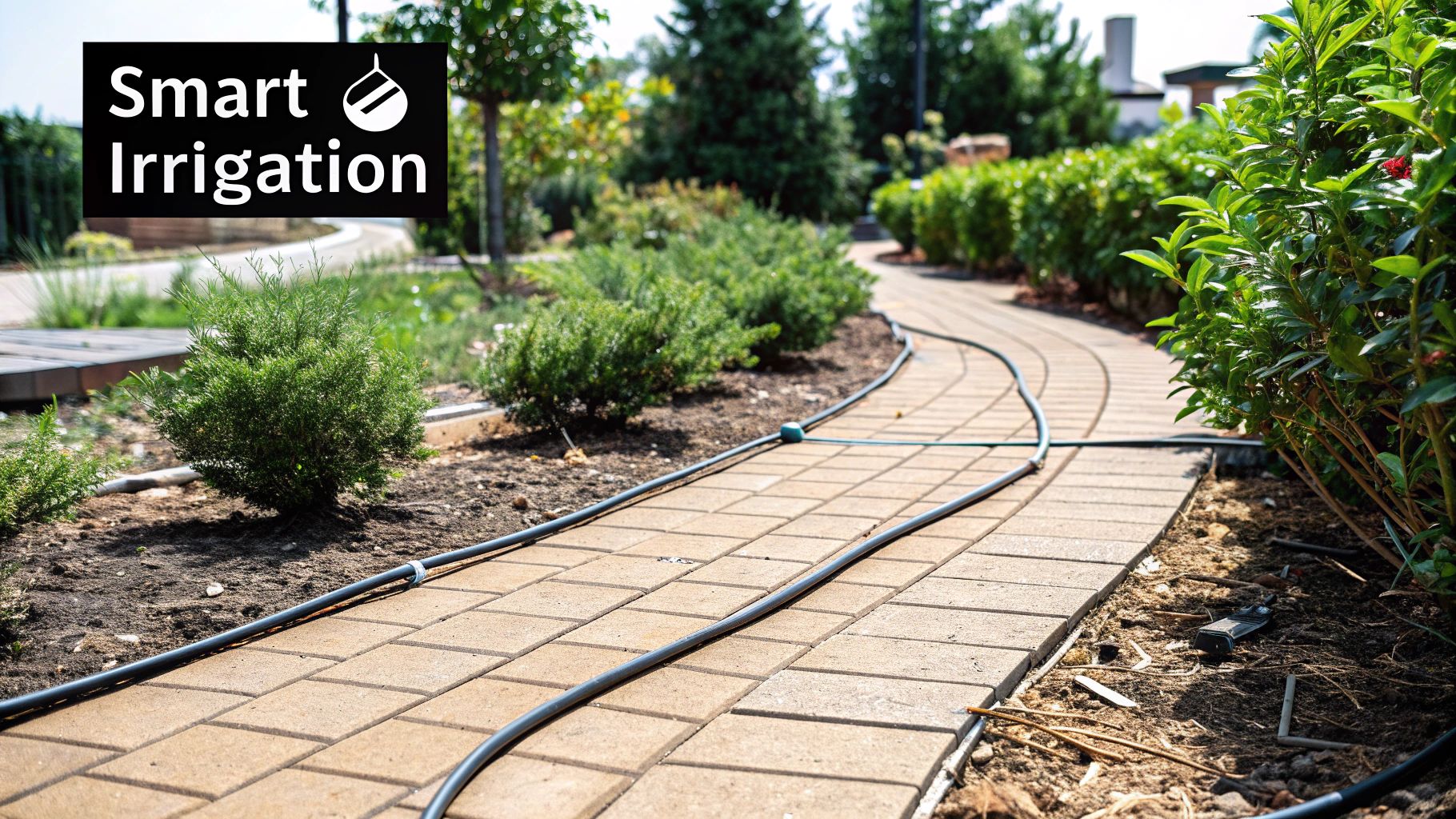 A well-designed patio with permeable pavers and surrounding drought-tolerant plants.