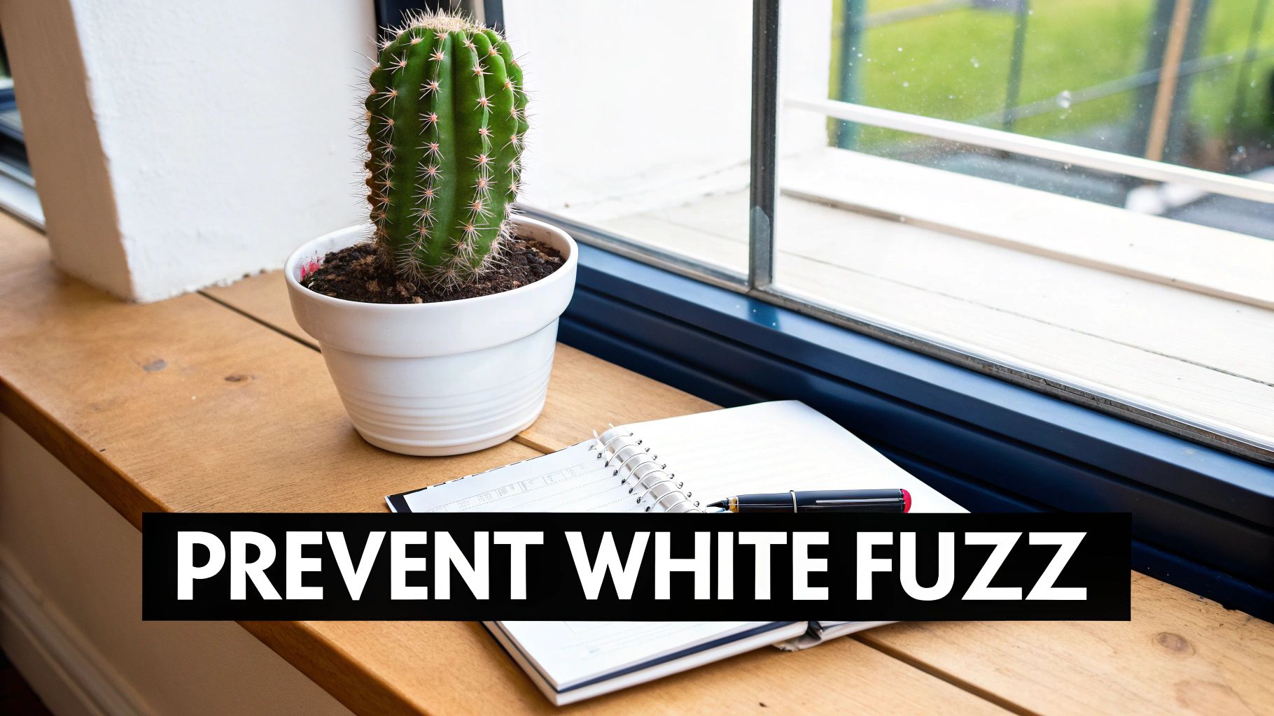 Person carefully inspecting a small potted cactus for signs of white fuzz.