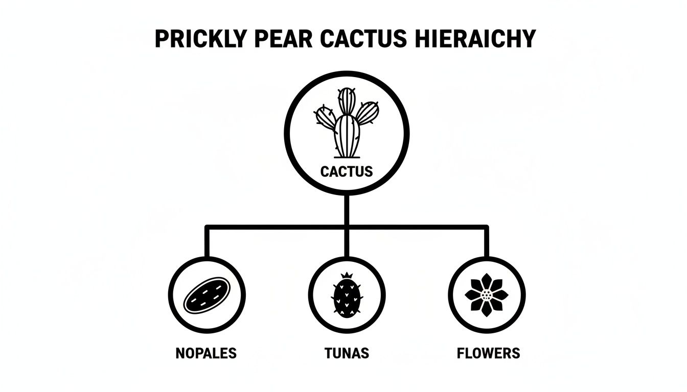 A black and white hierarchy diagram showing a prickly pear cactus branching into nopales, tunas, and flowers.