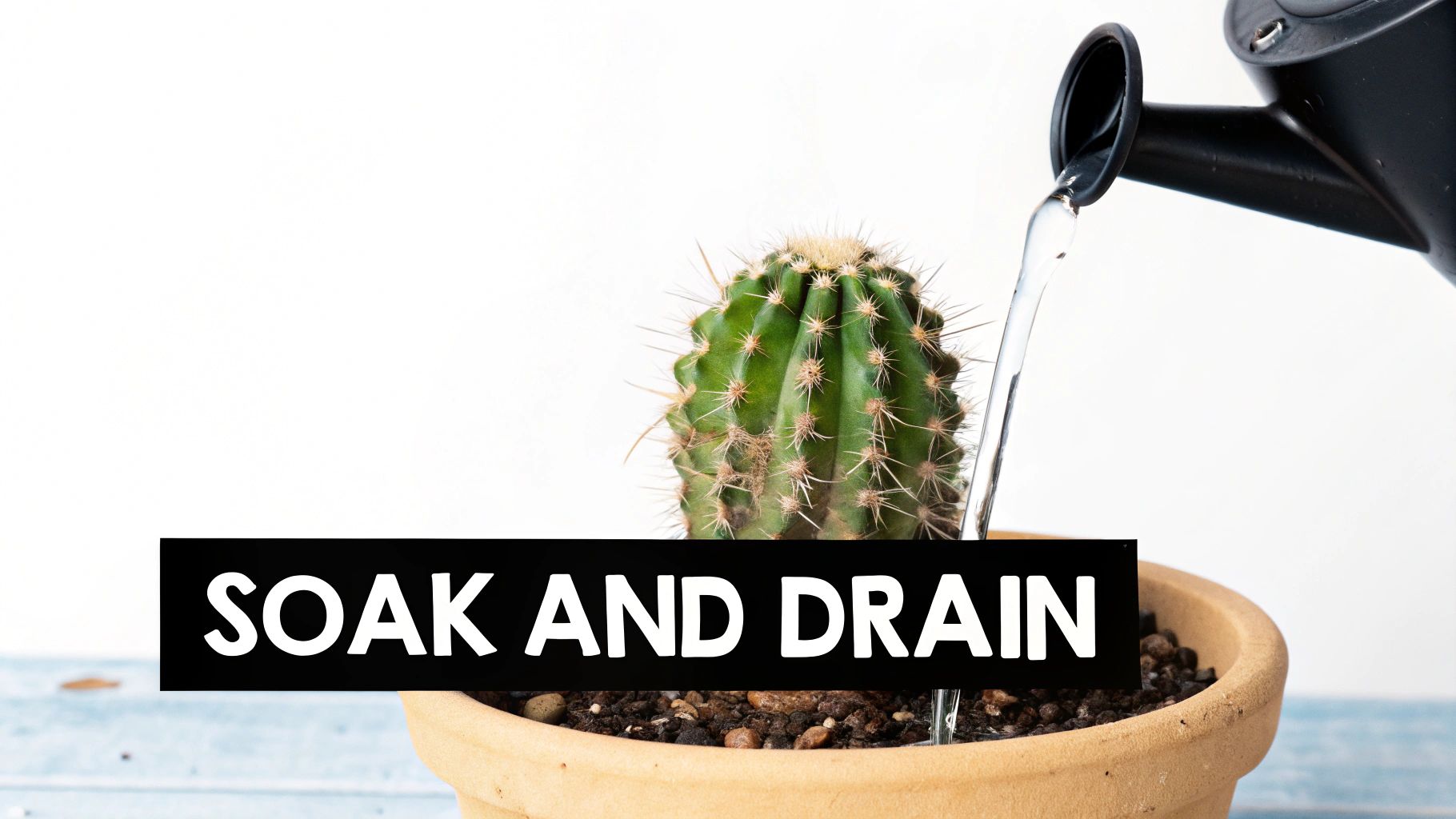 A small green cactus in a terracotta pot is watered by a black can, displaying 'SOAK AND DRAIN'.
