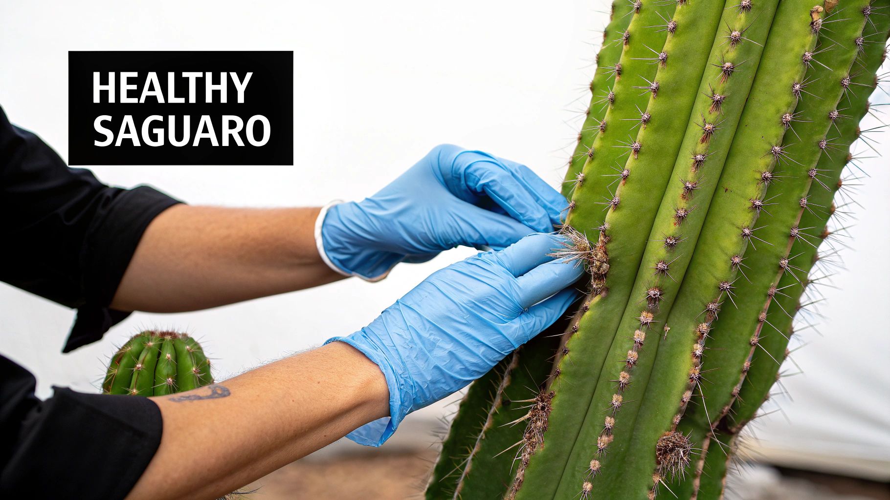 Person in blue gloves carefully inspecting a healthy saguaro cactus, with a smaller cactus nearby.