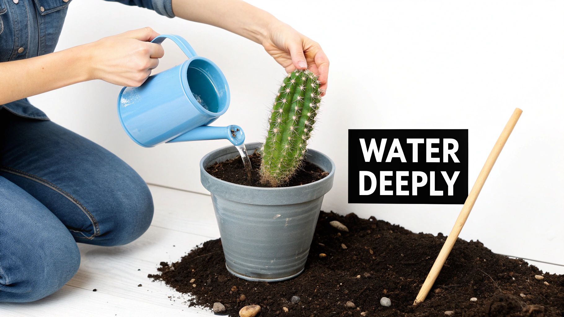 A person waters a potted cactus with a blue watering can, emphasizing deep watering.