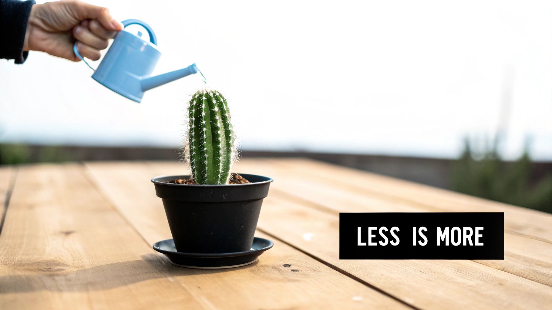 A person waters a small cactus in a black pot on a wooden table, with "LESS IS MORE" text.