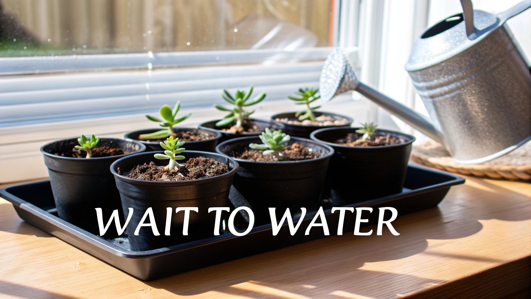 A newly potted succulent cutting sitting in a bright, indirectly lit window