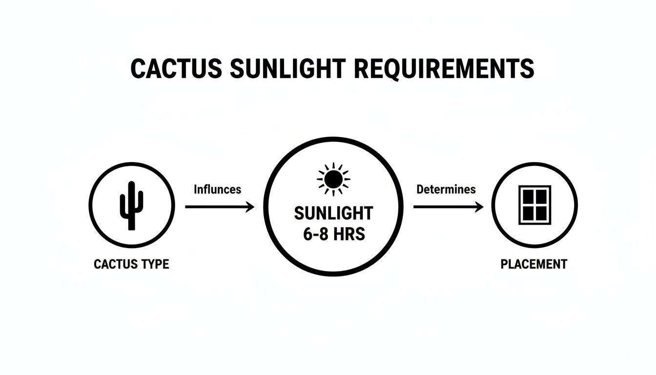 Flowchart illustrating cactus sunlight requirements: cactus type influences sunlight needed, which determines placement.