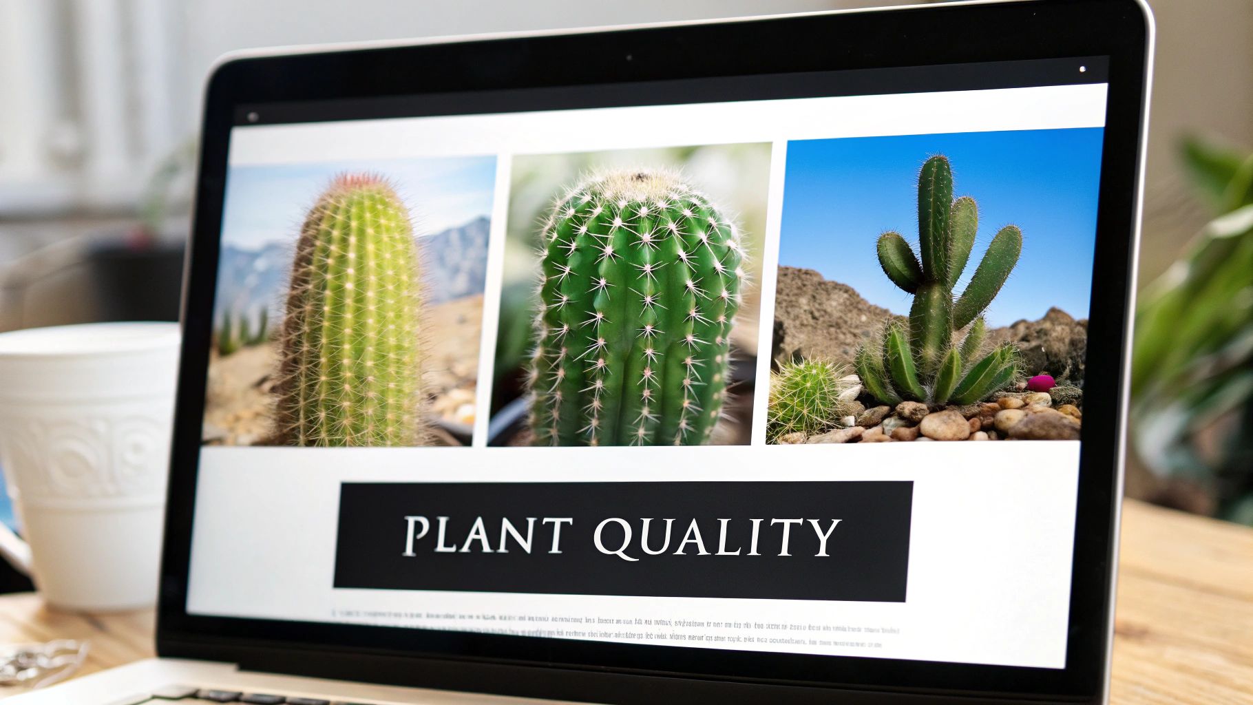 A variety of healthy, vibrant cacti in small pots lined up on a shelf.