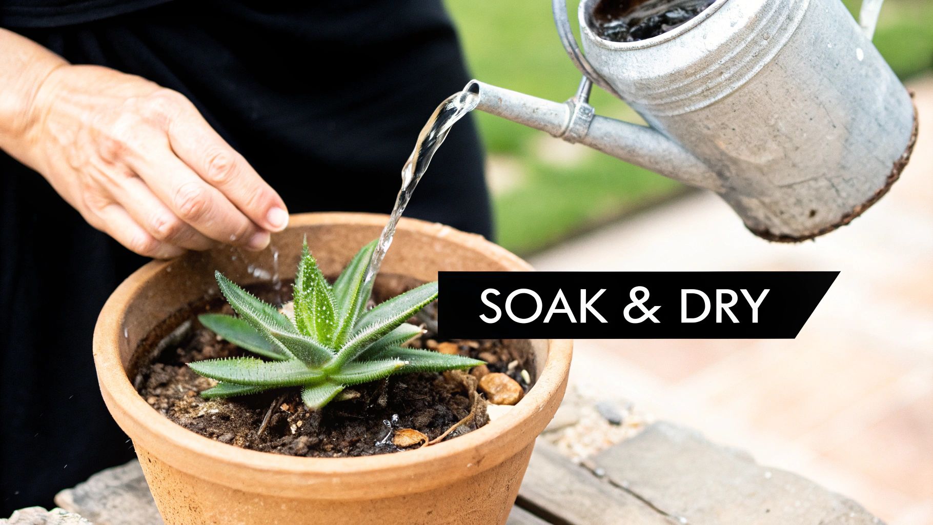 A person watering a small succulent in a pot, demonstrating the soak and dry method.