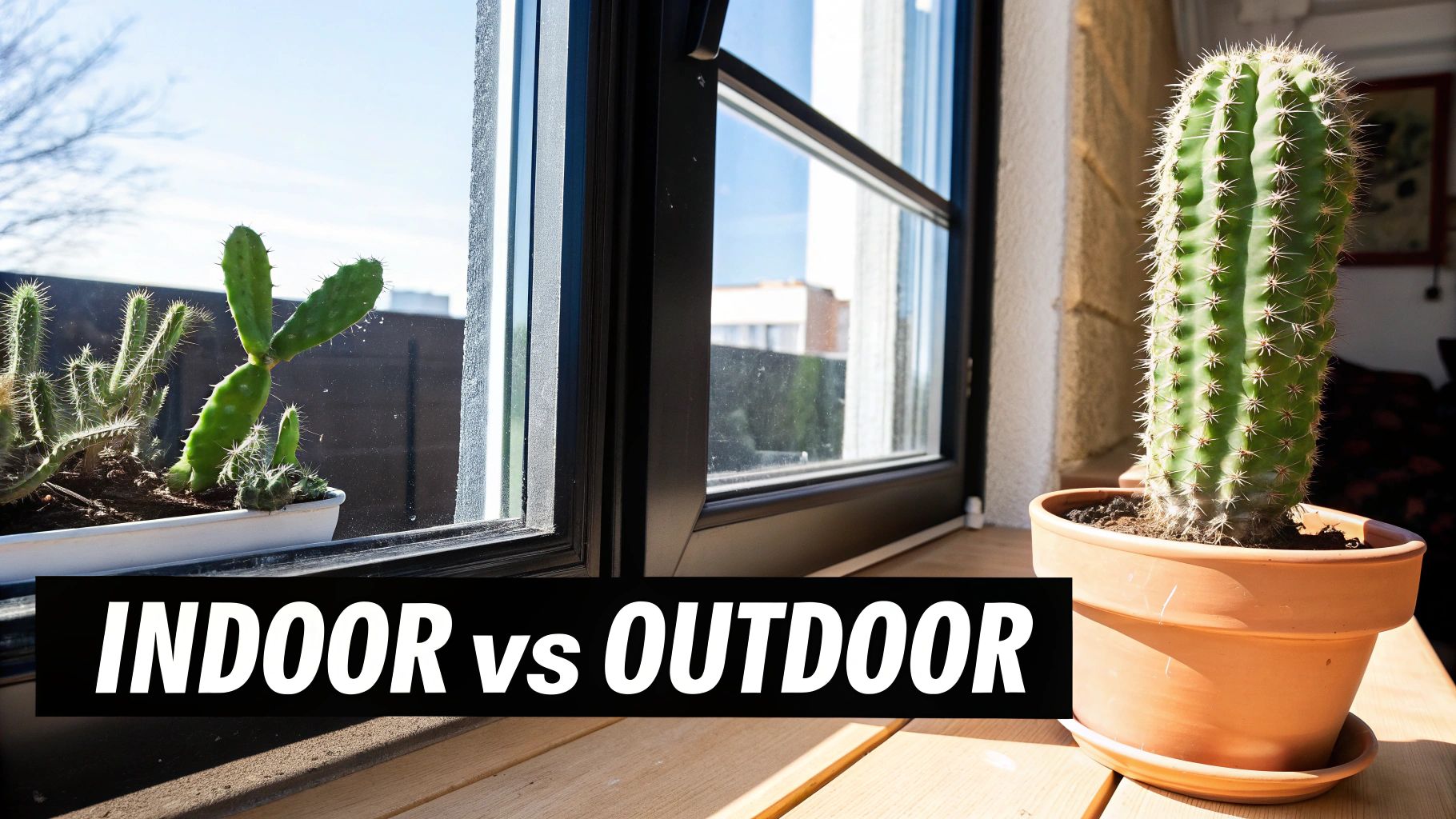 Two potted cacti, one by a window looking outside and another on a sill, illustrating indoor vs outdoor environments.