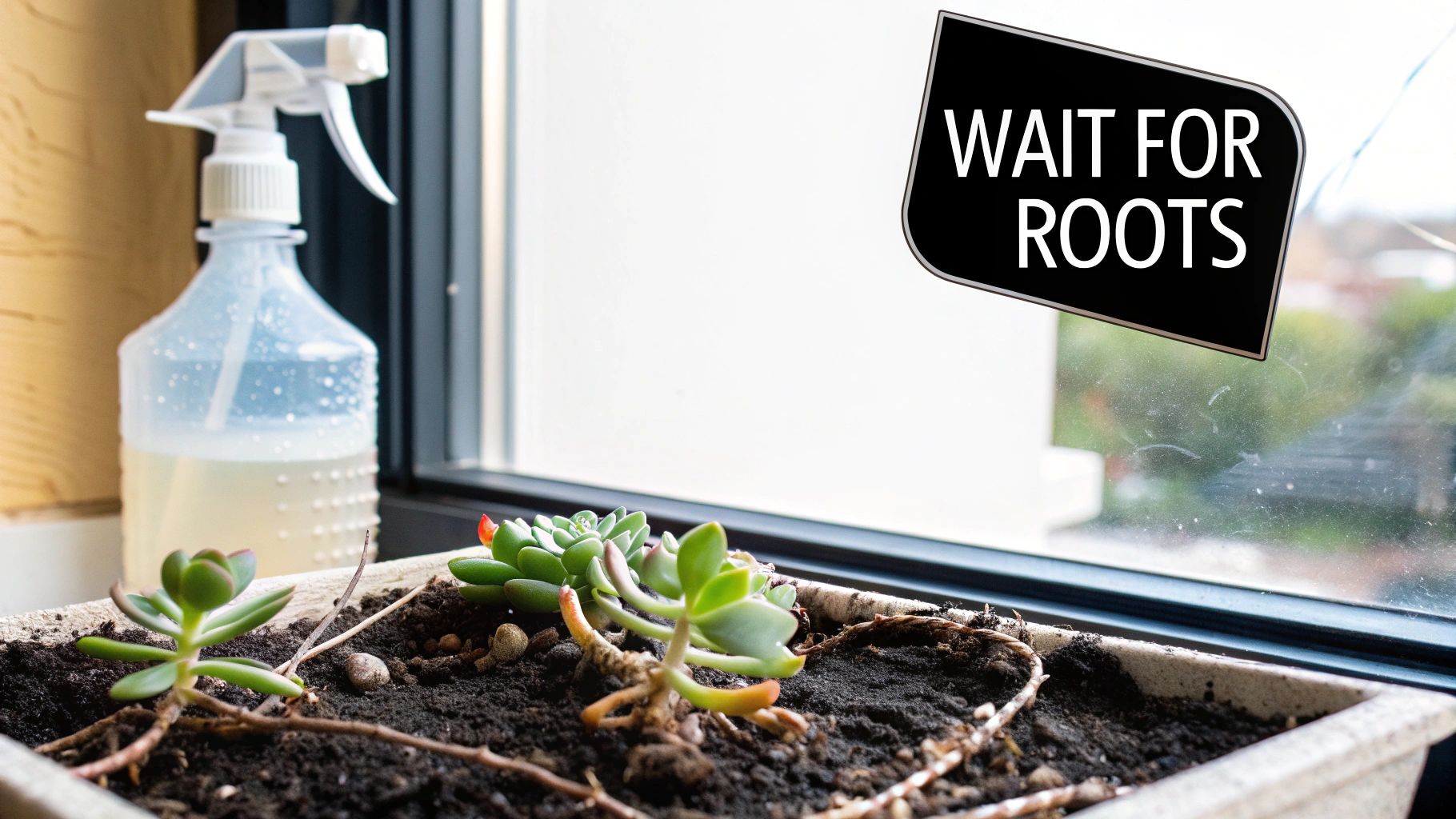 Succulent plant cuttings in a planter on a window sill, with a spray bottle and a 'WAIT FOR ROOTS' sign.