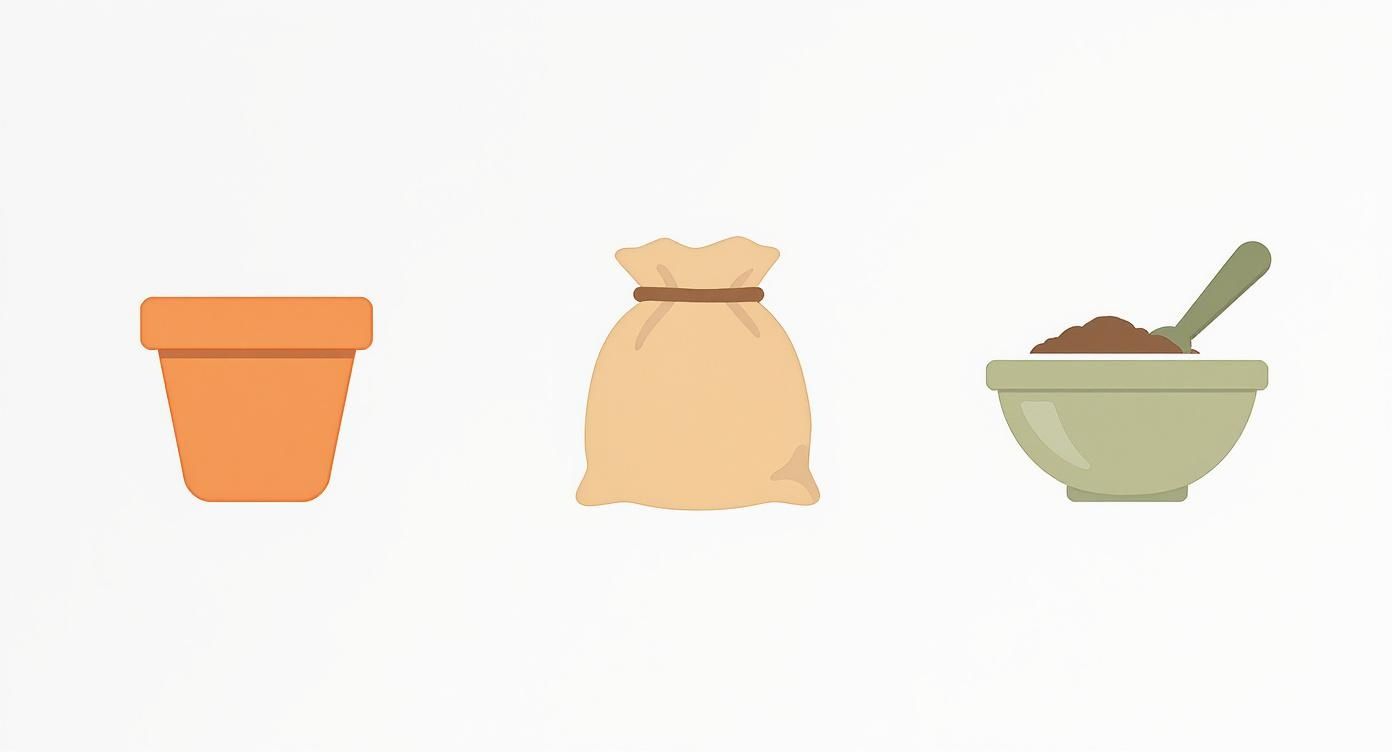 Three items for planting: an empty terracotta pot, a bag of soil, and a bowl with soil and a shovel.