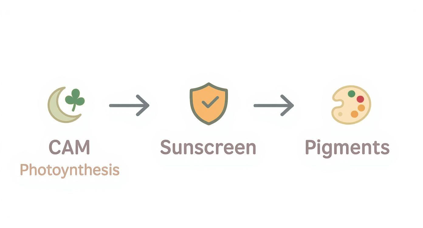 A visual diagram explaining how CAM Photosynthesis results in natural sunscreen and pigments in plants.