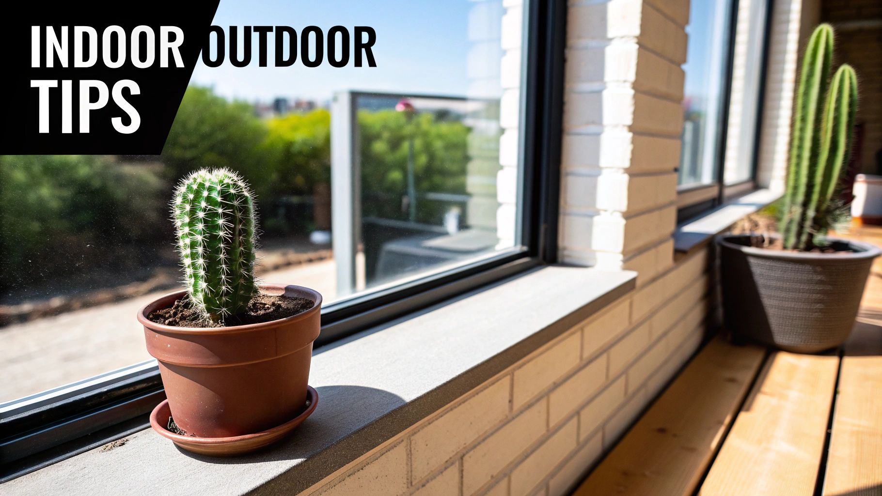 A vibrant green potted cactus sits on a bright windowsill, overlooking an outdoor scene.