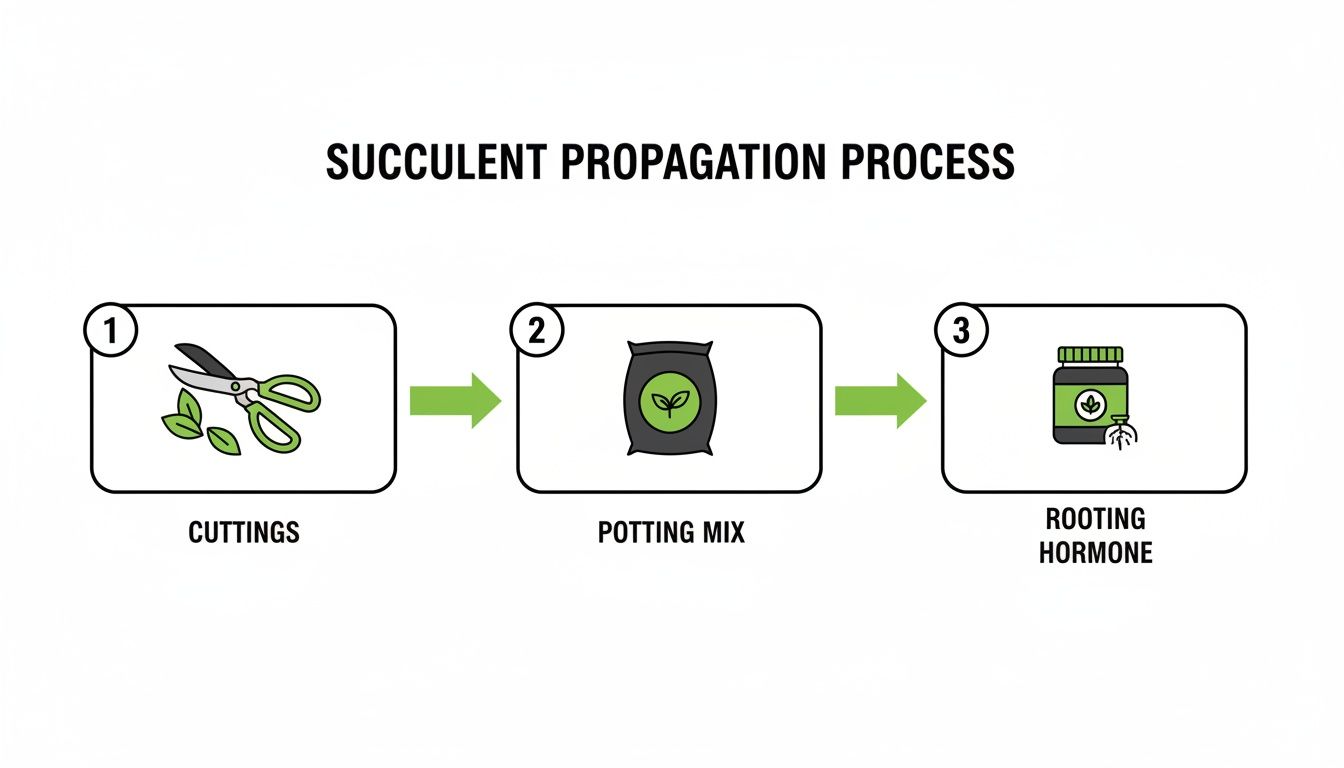 A three-step diagram illustrates succulent propagation from cuttings to potting mix and rooting hormone.