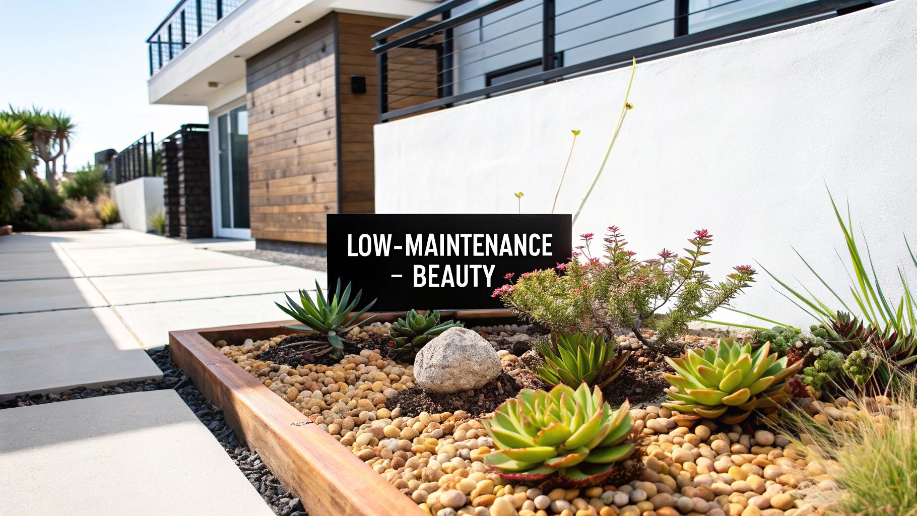A modern outdoor succulent garden with a sign displaying 'LOW-MAINTENANCE - BEAUTY' next to a building.