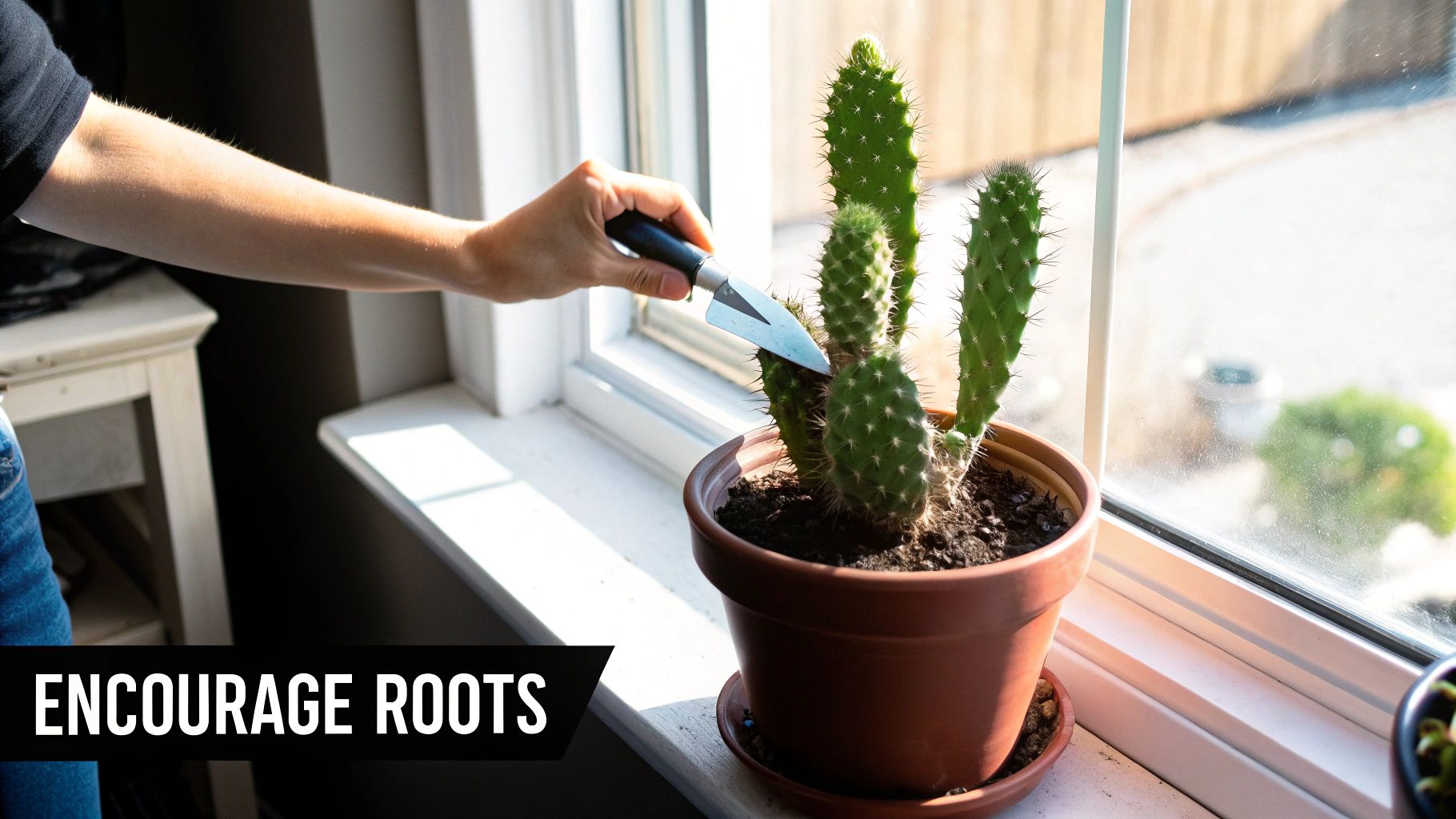 A hand uses a small trowel to work the soil around a potted cactus on a sunny windowsill.