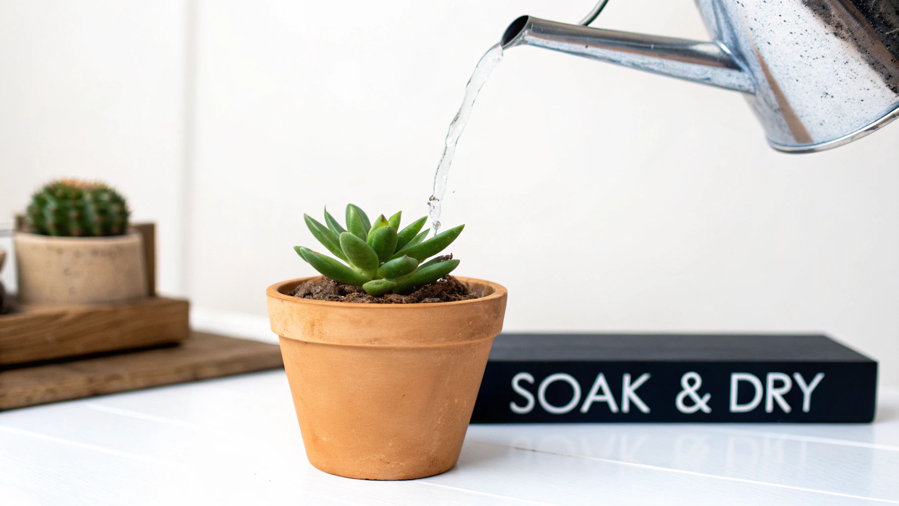 A metal watering can pours water into a small succulent plant in a terracotta pot.
