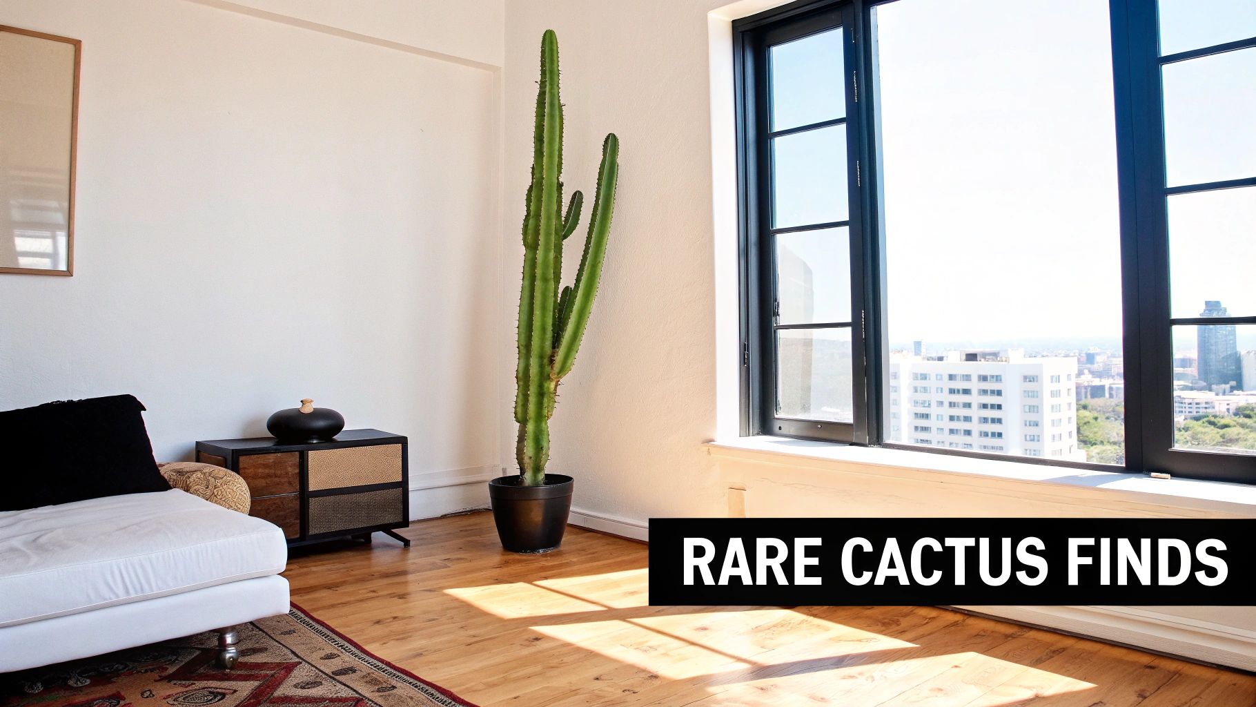 A bright, modern living room featuring a tall cactus plant by a large window with a city view.