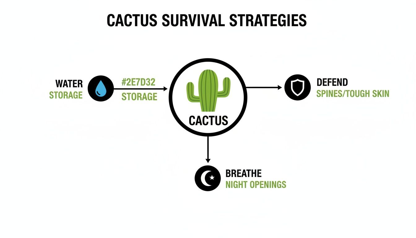 A diagram illustrating cactus survival strategies including water storage, defense, and night breathing.