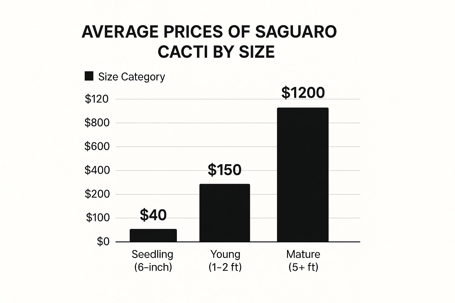 Infographic showing average prices of saguaro cacti by size category, comparing Seedling at $40, Young at $150, and Mature at $1200.