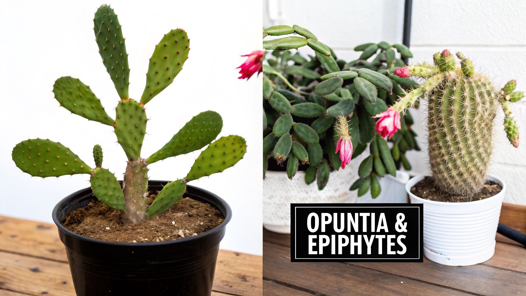 A split image shows a potted prickly pear cactus and other potted cacti, including an epiphyte, on wood.