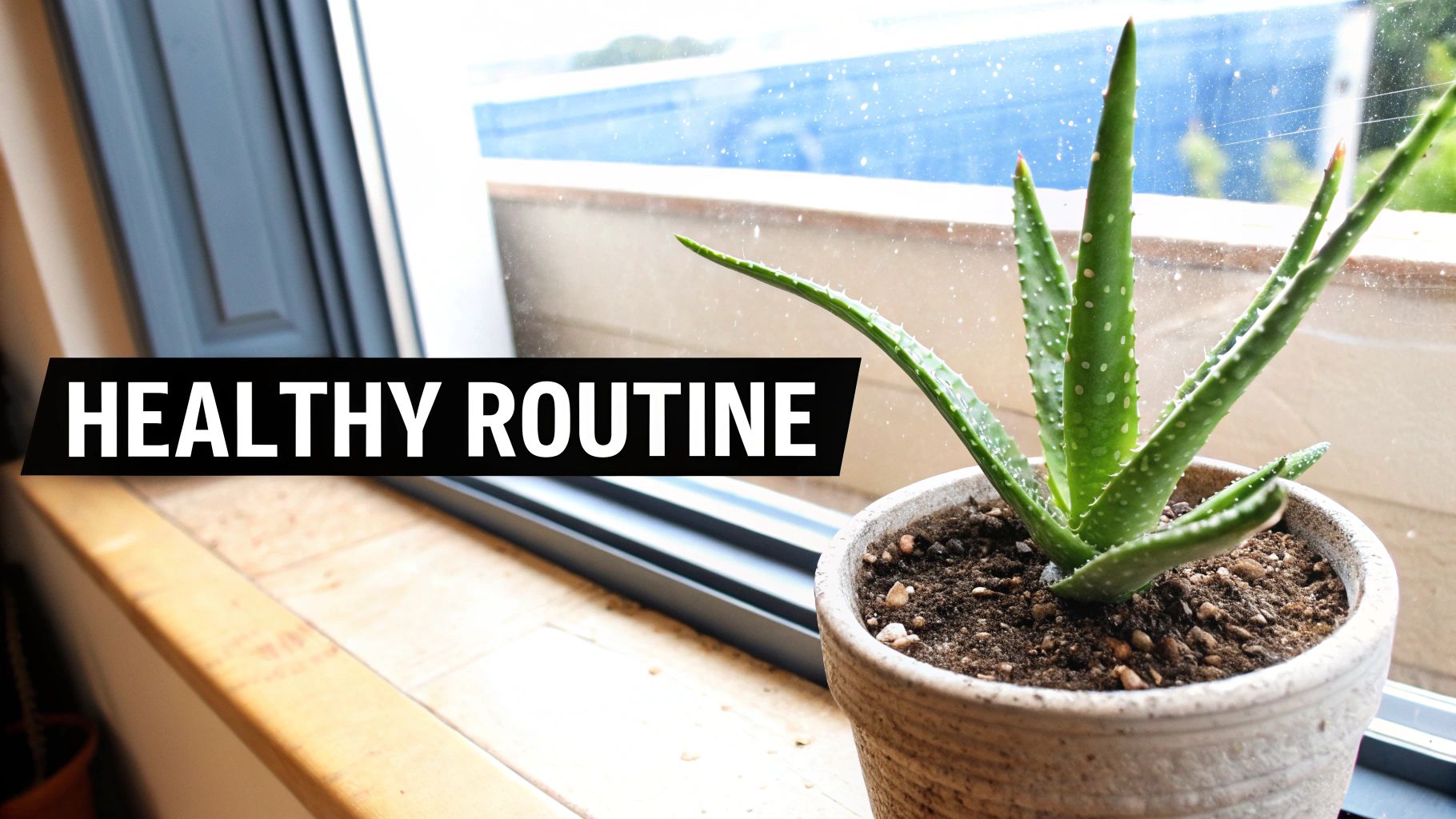 Close-up of aloe vera leaves with some brown spots, resting on a wooden surface.