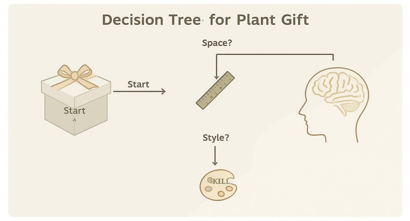 Decision tree diagram for plant gift selection, considering space, style, and recipient's skill.