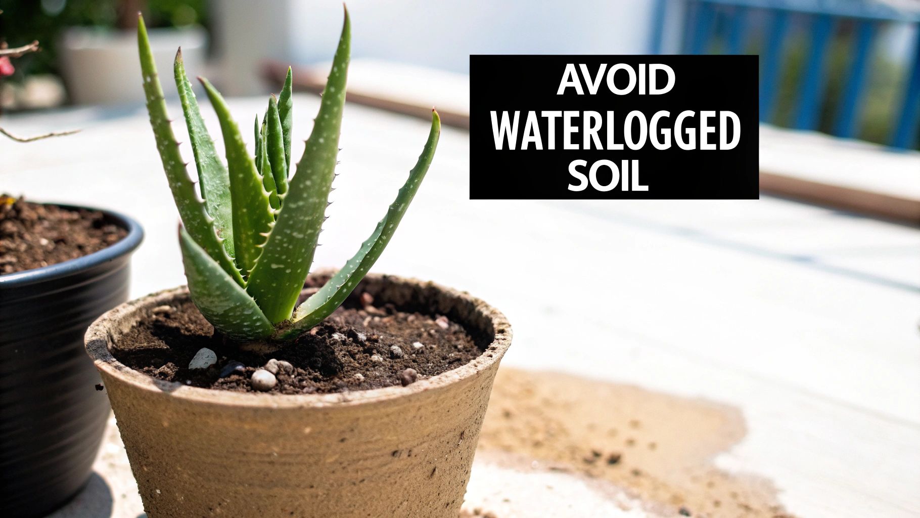 An aloe vera plant in a pot with soil, next to a black pot and spilled water, reminding to avoid waterlogged soil.