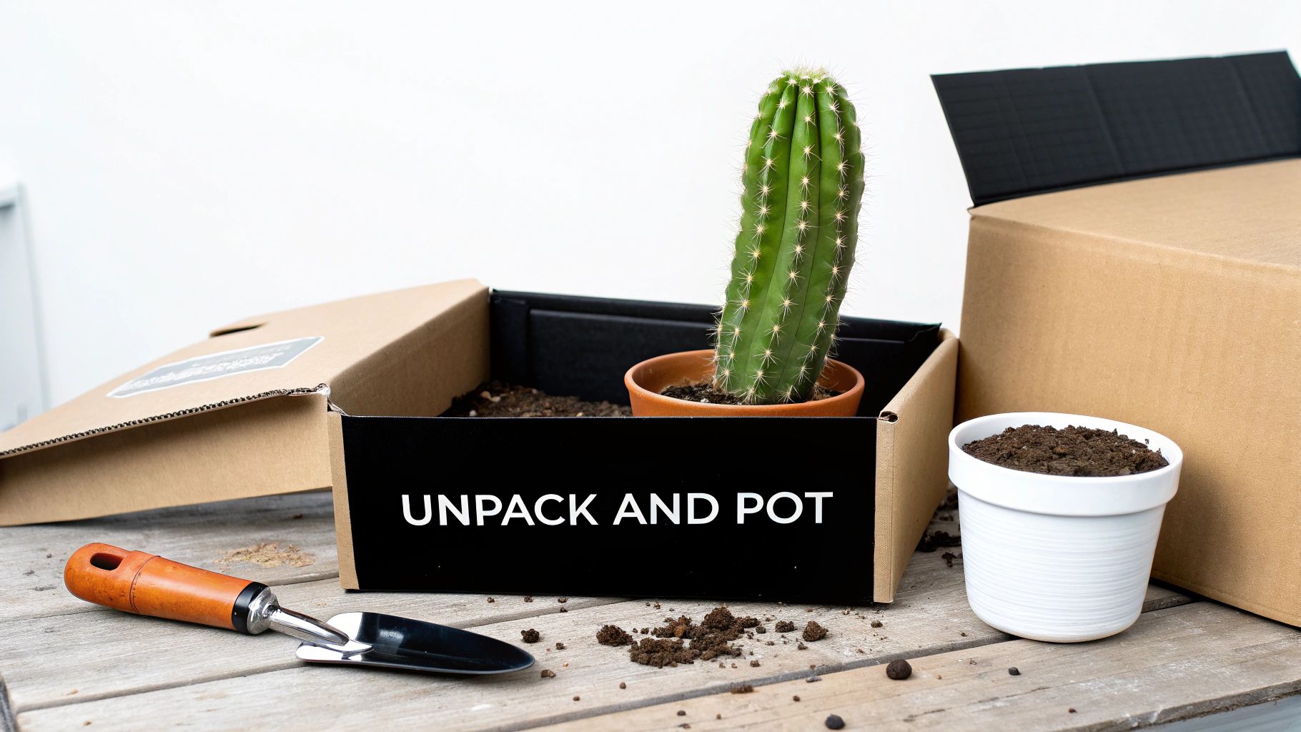 A San Pedro cactus in a small pot within an open box, next to soil and a gardening trowel, ready for potting.