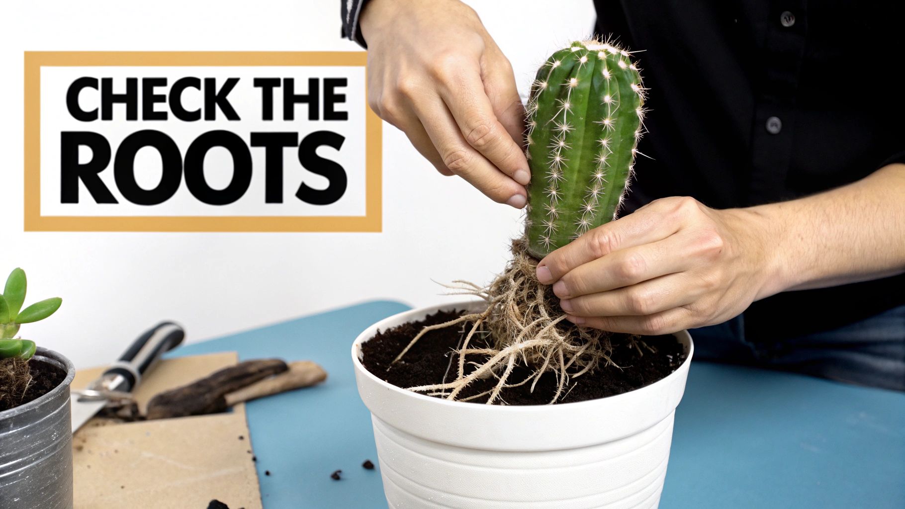 A person's hands carefully repotting a small cactus into a new terracotta pot with fresh soil.