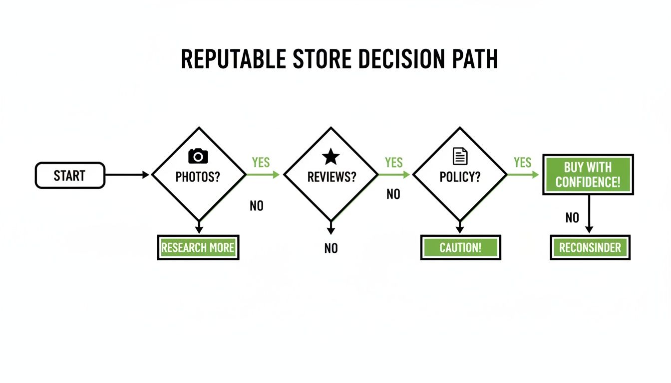 Flowchart guiding users through steps to evaluate an online store's reputation before making a purchase.