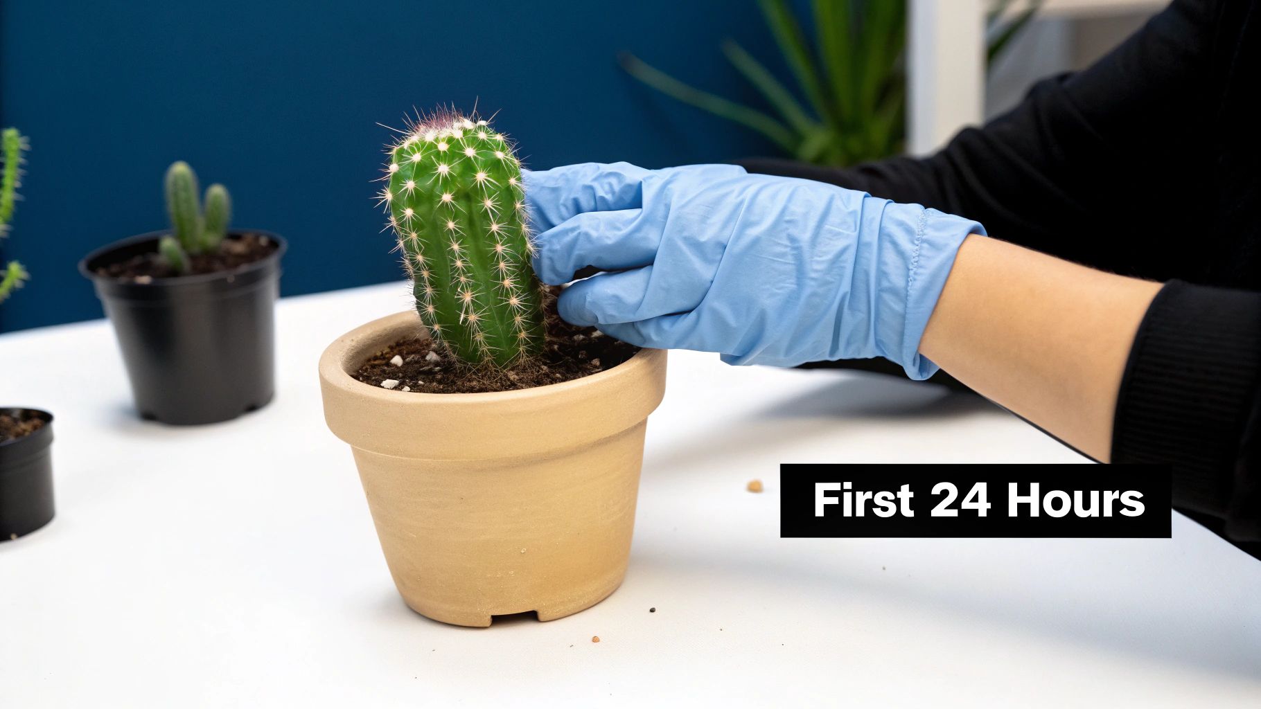 A person wearing blue gloves is carefully potting a spiky green cactus plant into a terracotta pot.