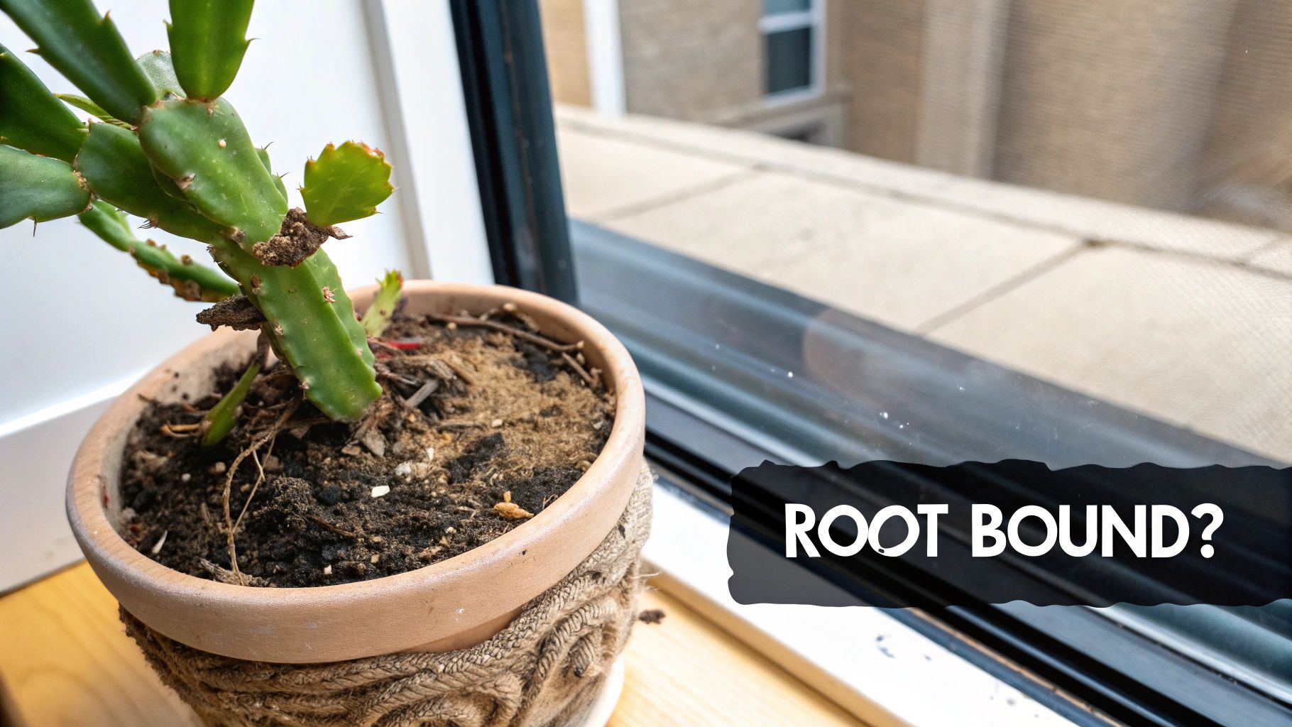 Root bound Christmas cactus plant in terracotta pot near window needing repotting