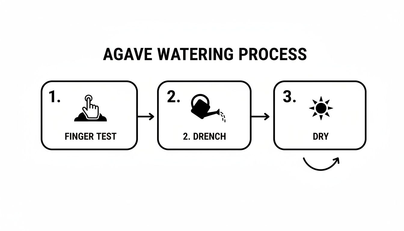 A flowchart illustrates the agave watering process: finger test, drench, then dry, and repeat.